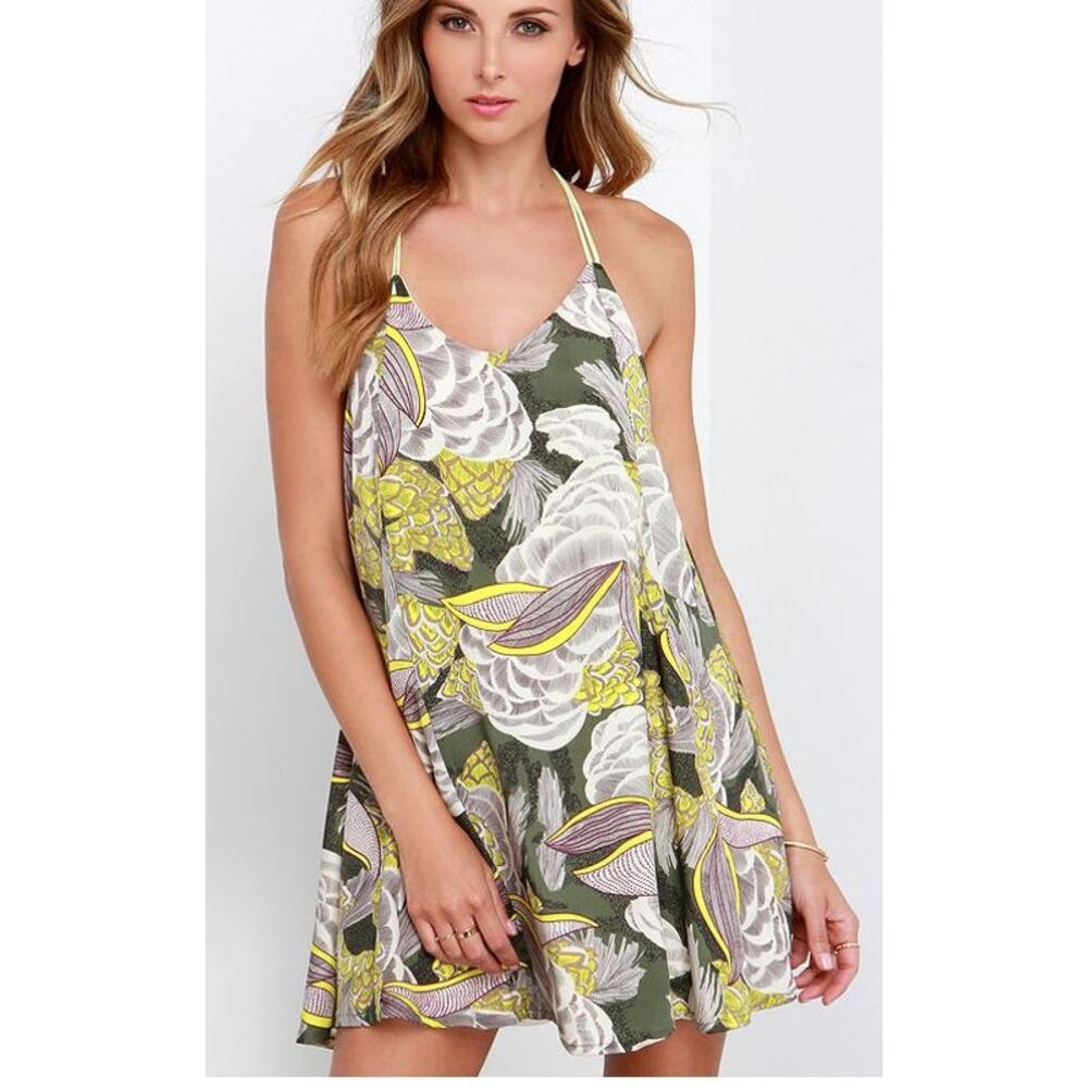 Lulus Think Vice Olive Green Print Swing Dress Size Medium